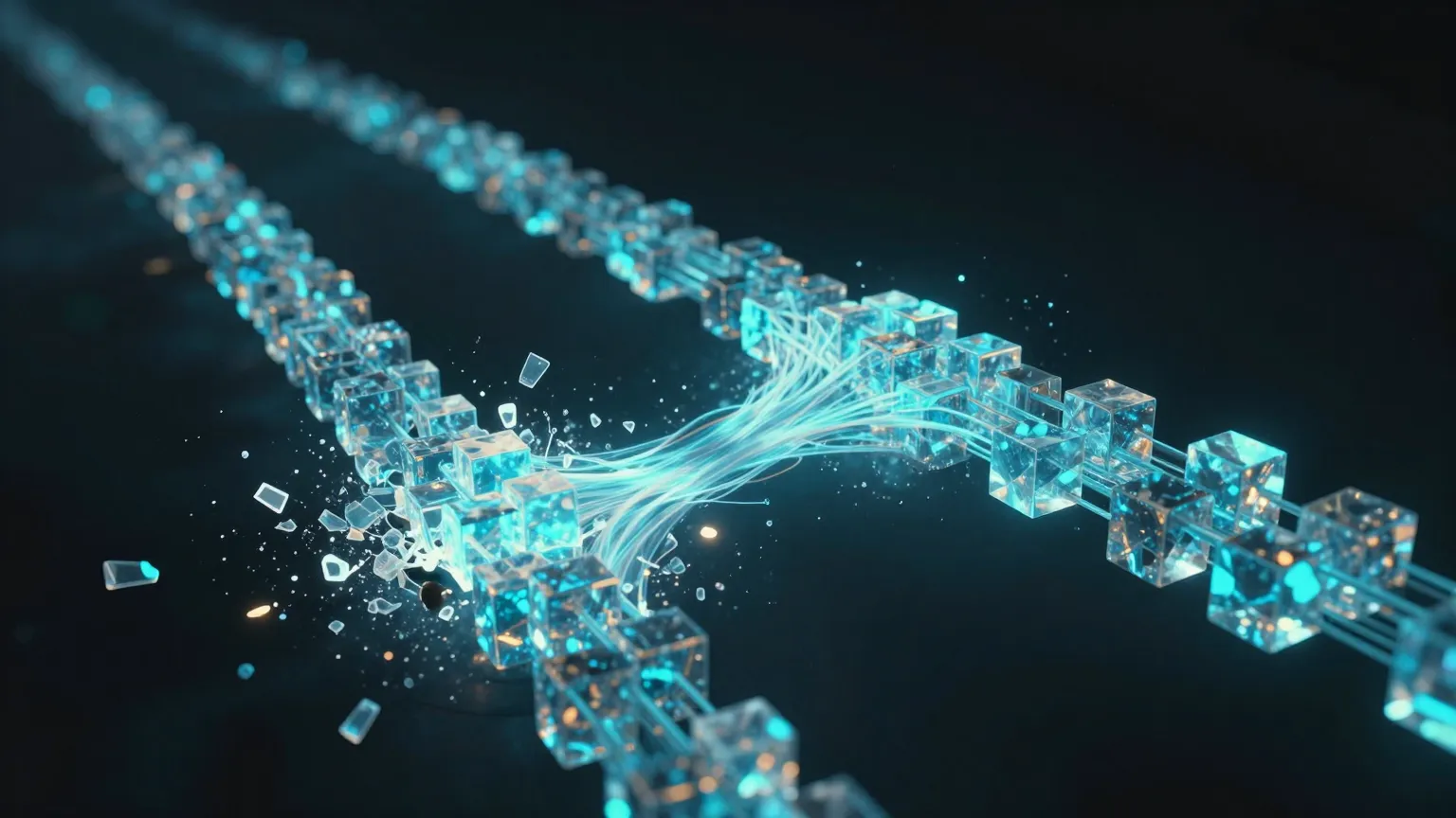 Abstract concept of a continuous data stream forking into two paths, one expensively rebuilding blocks and the other letting the lattice flow onward intact