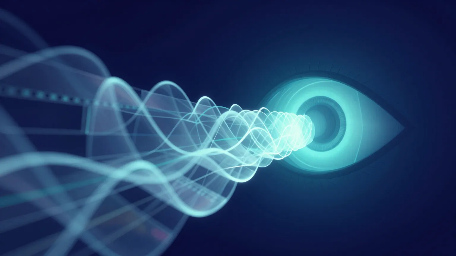 An abstract image depicting an agent gaining sight as video frames and audio waveforms flow into a single lens