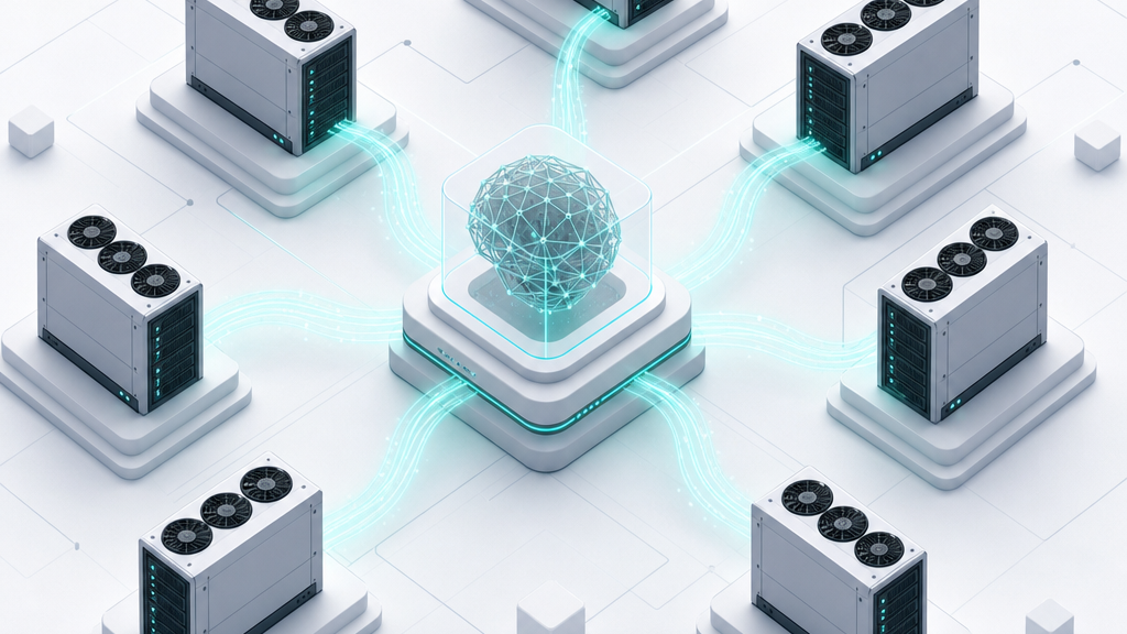 Abstract illustration of a central orchestration node conducting a fleet of GPU servers