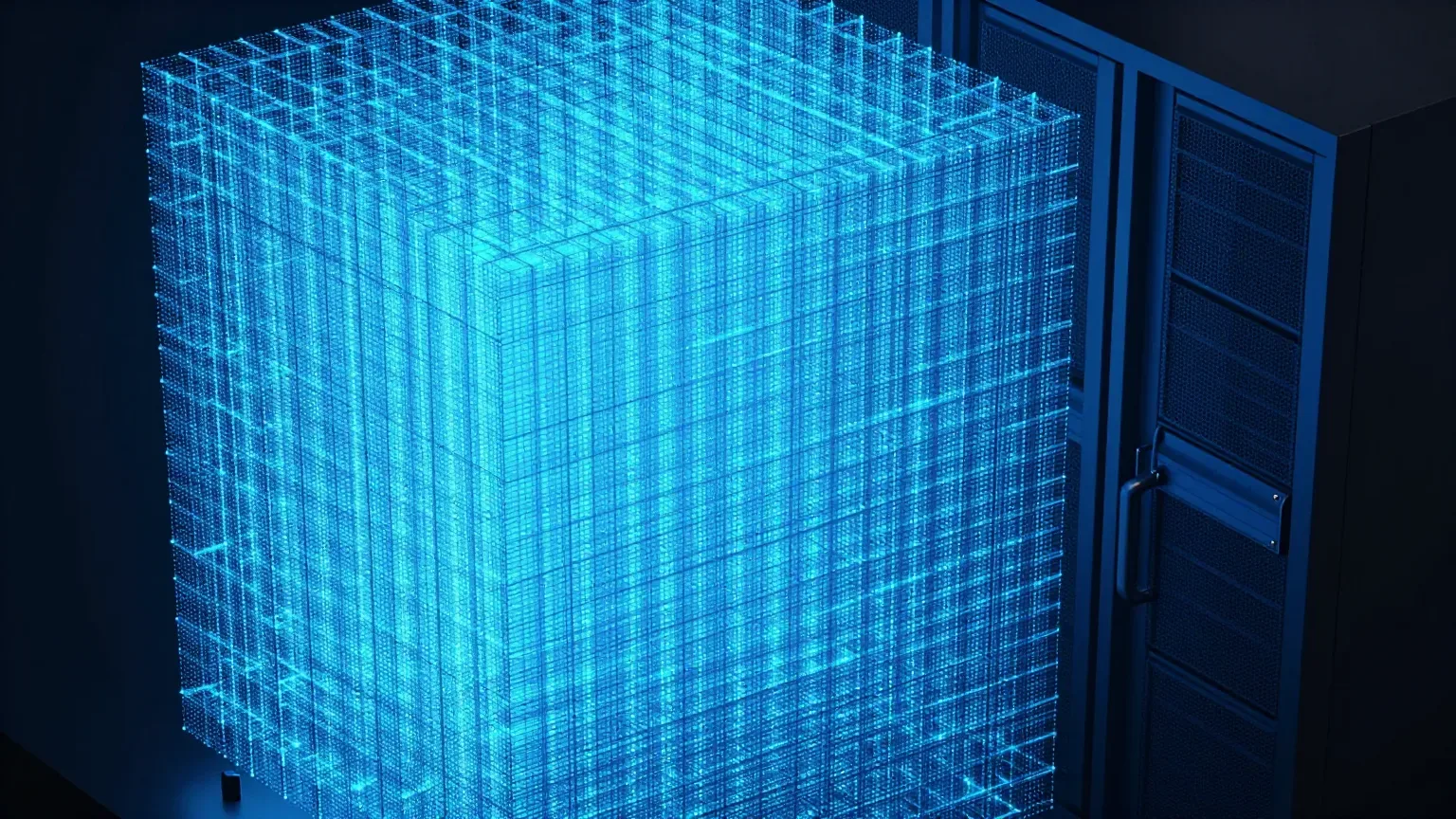 Abstract image of a large computation grid being compressed into small glowing blocks and loaded into a server rack