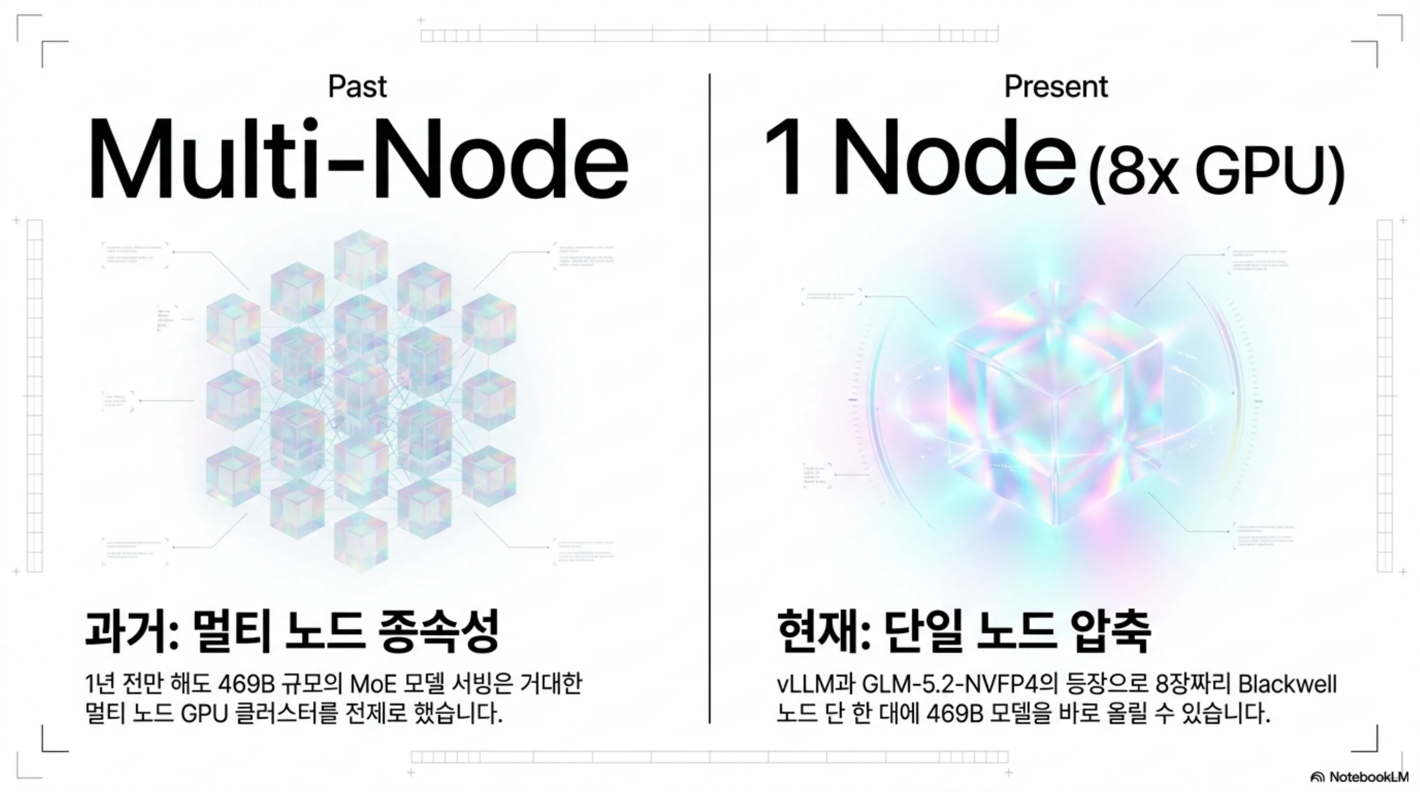 과거 멀티 노드 종속성에서 현재 단일 8 GPU 노드 압축으로 전환된 469B 서빙 구도