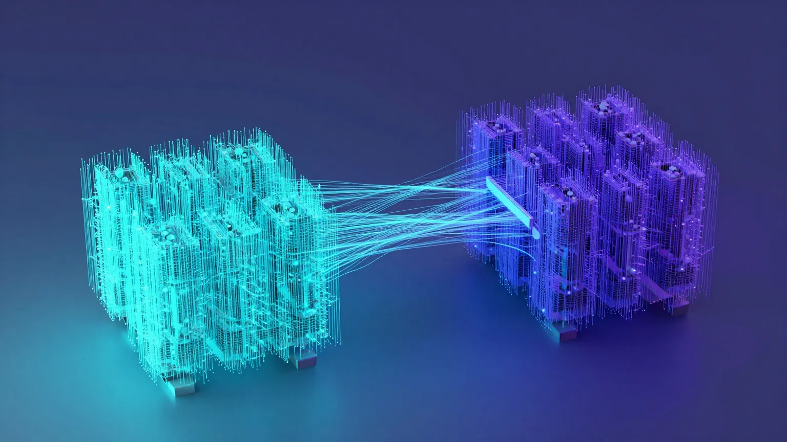 An abstract image depicting a generation cluster and a training cluster exchanging data asynchronously through a central buffer