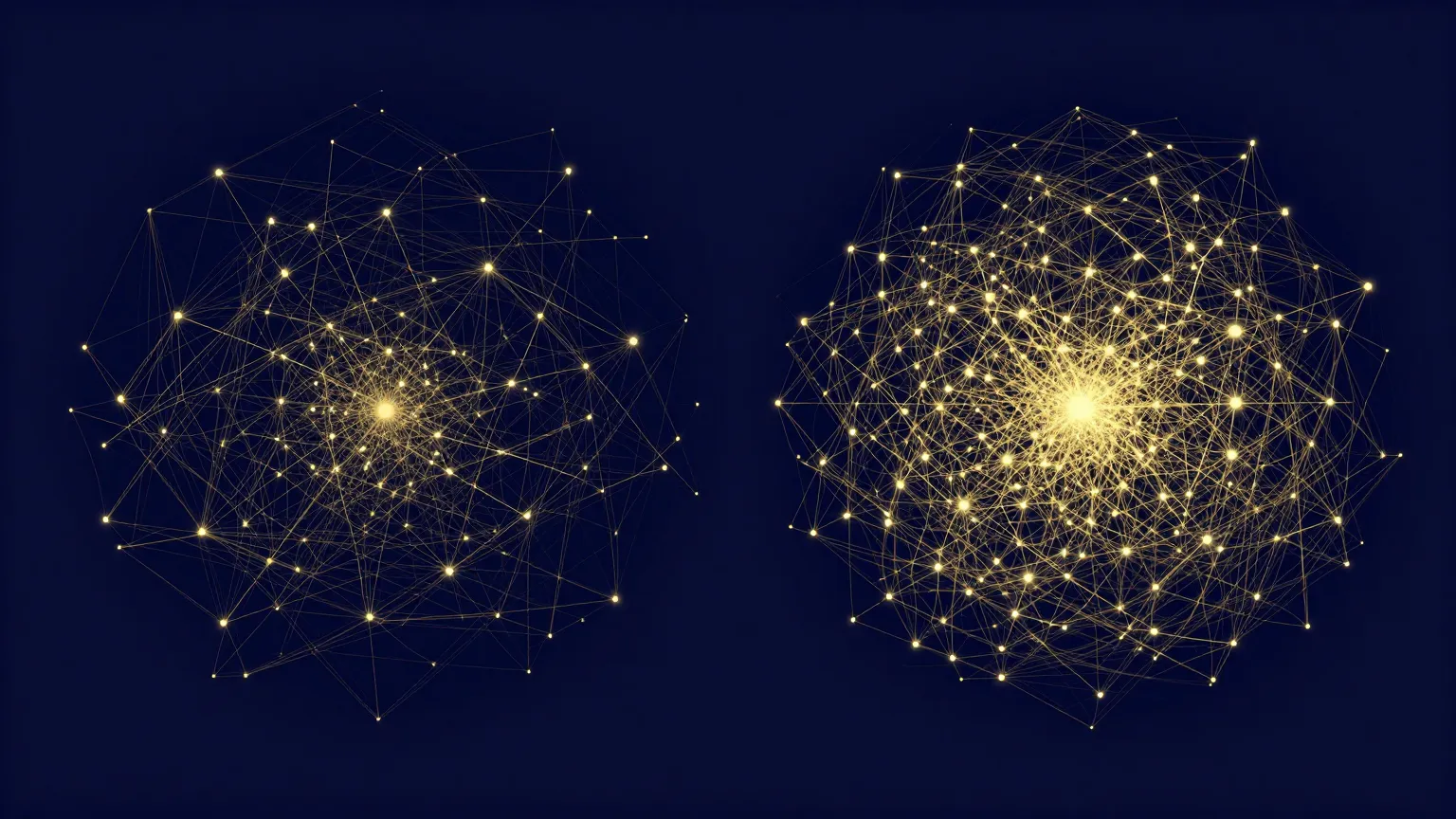An abstract image contrasting a widely scattered constellation of ideas with one tightly clustered constellation