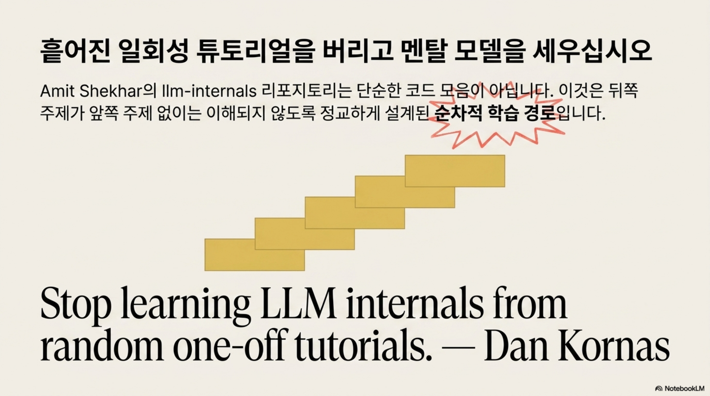Amit Shekhar의 llm-internals는 뒤 주제가 앞 주제 없이는 이해되지 않도록 설계된 순차적 학습 경로입니다