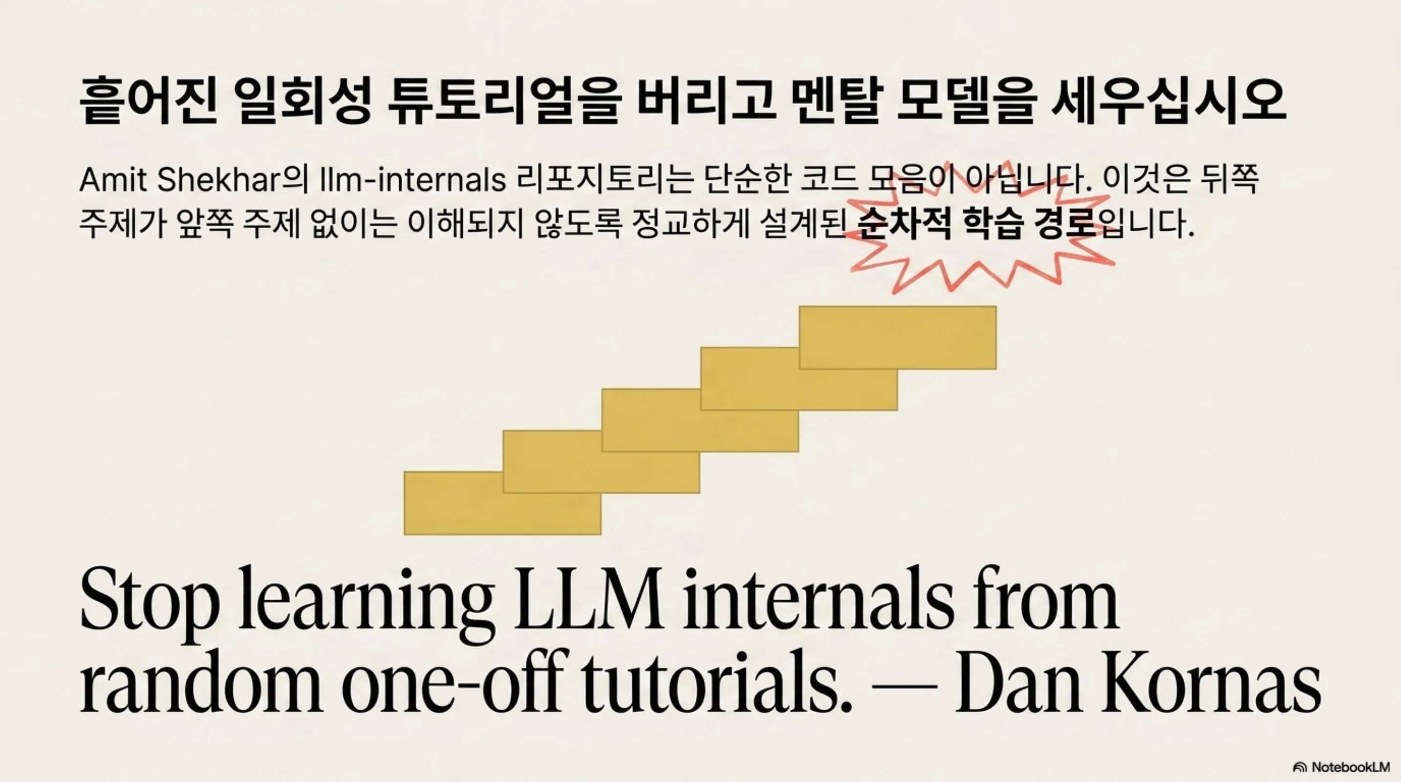 Amit Shekhar의 llm-internals는 뒤 주제가 앞 주제 없이는 이해되지 않도록 설계된 순차적 학습 경로입니다