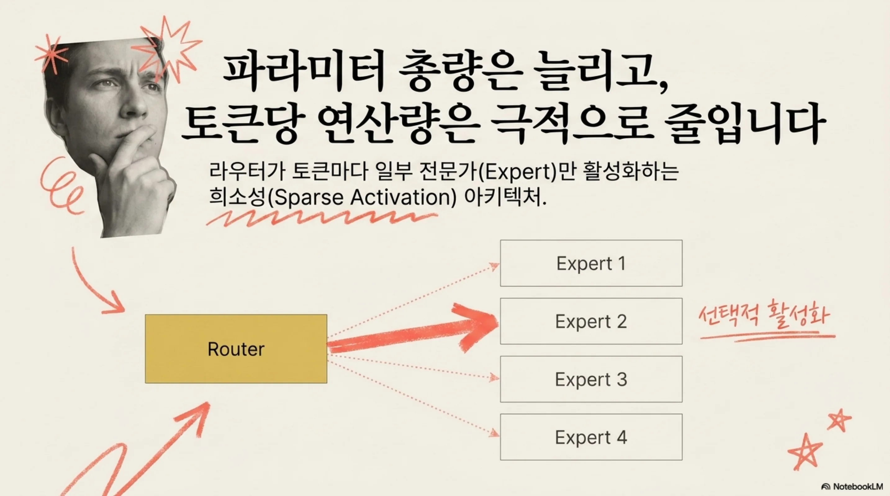 MoE는 파라미터 총량은 늘리고 토큰당 연산량은 줄입니다: 라우터가 일부 전문가만 선택적으로 활성화