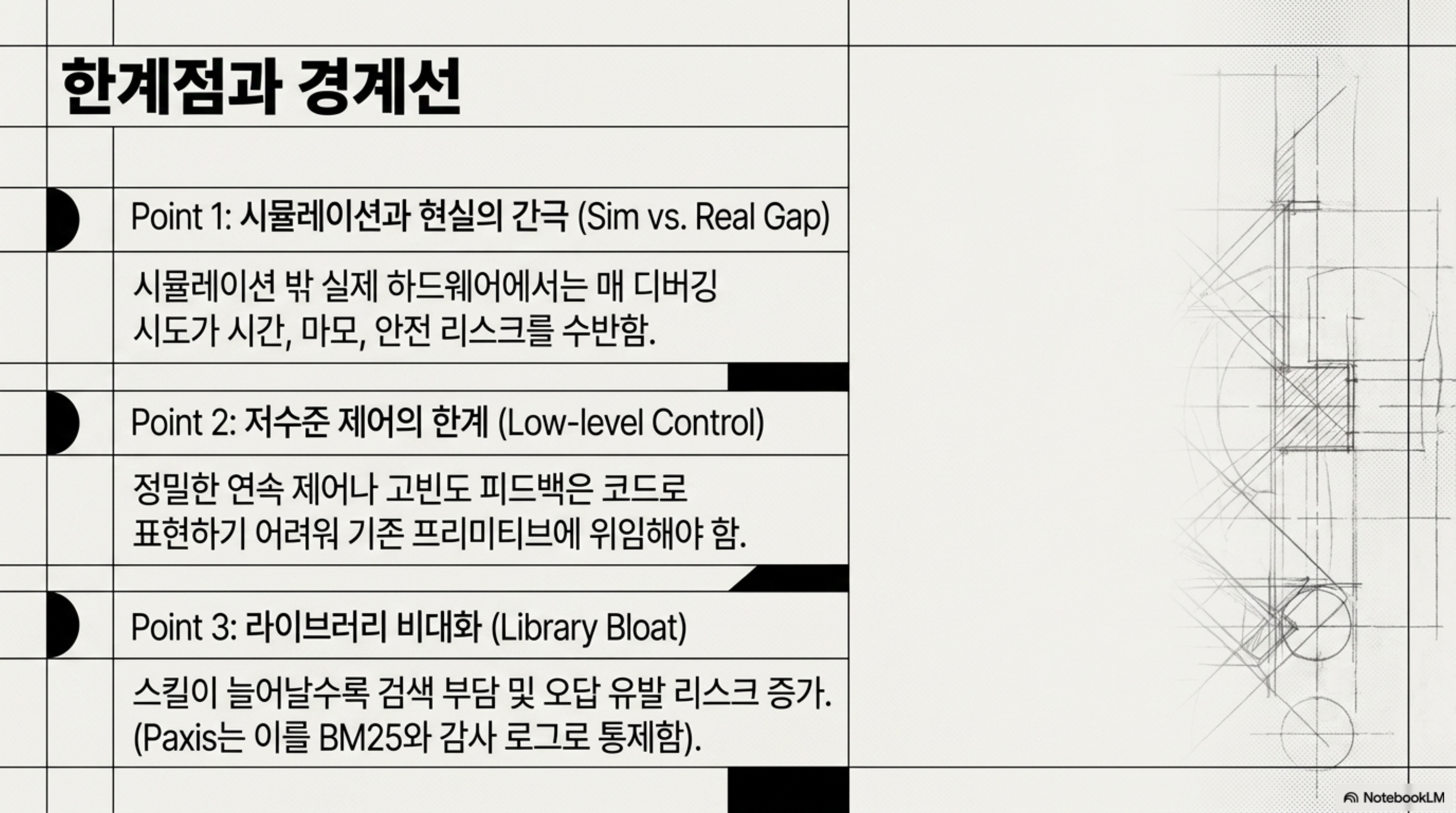 한계점과 경계선: 시뮬레이션과 현실의 간극, 저수준 제어의 한계, 스킬 라이브러리 비대화
