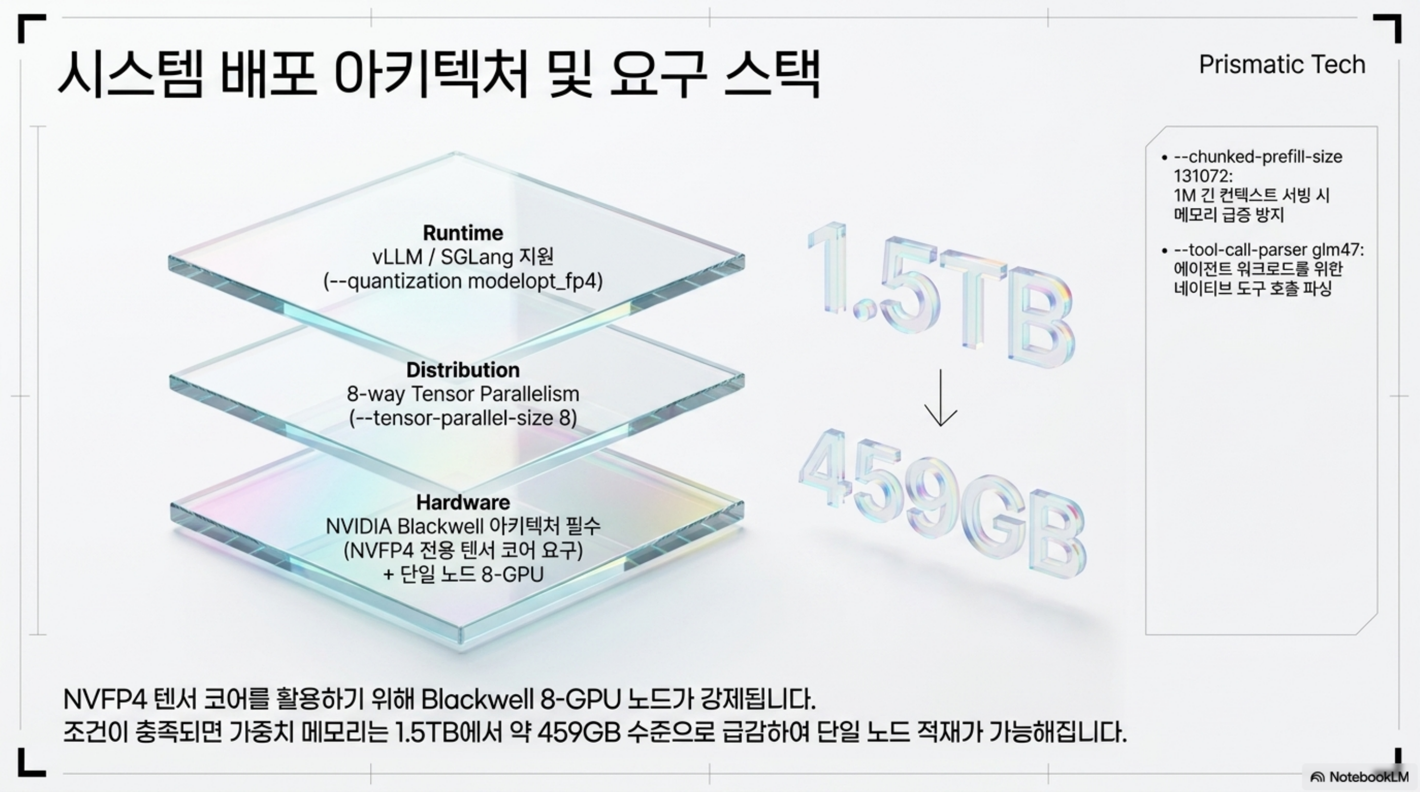 Runtime vLLM/SGLang, 8-way 텐서 병렬, Blackwell 8-GPU 노드로 구성되는 배포 스택
