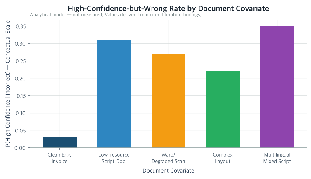 High-Confidence-but-Wrong Rate by Document Covariate