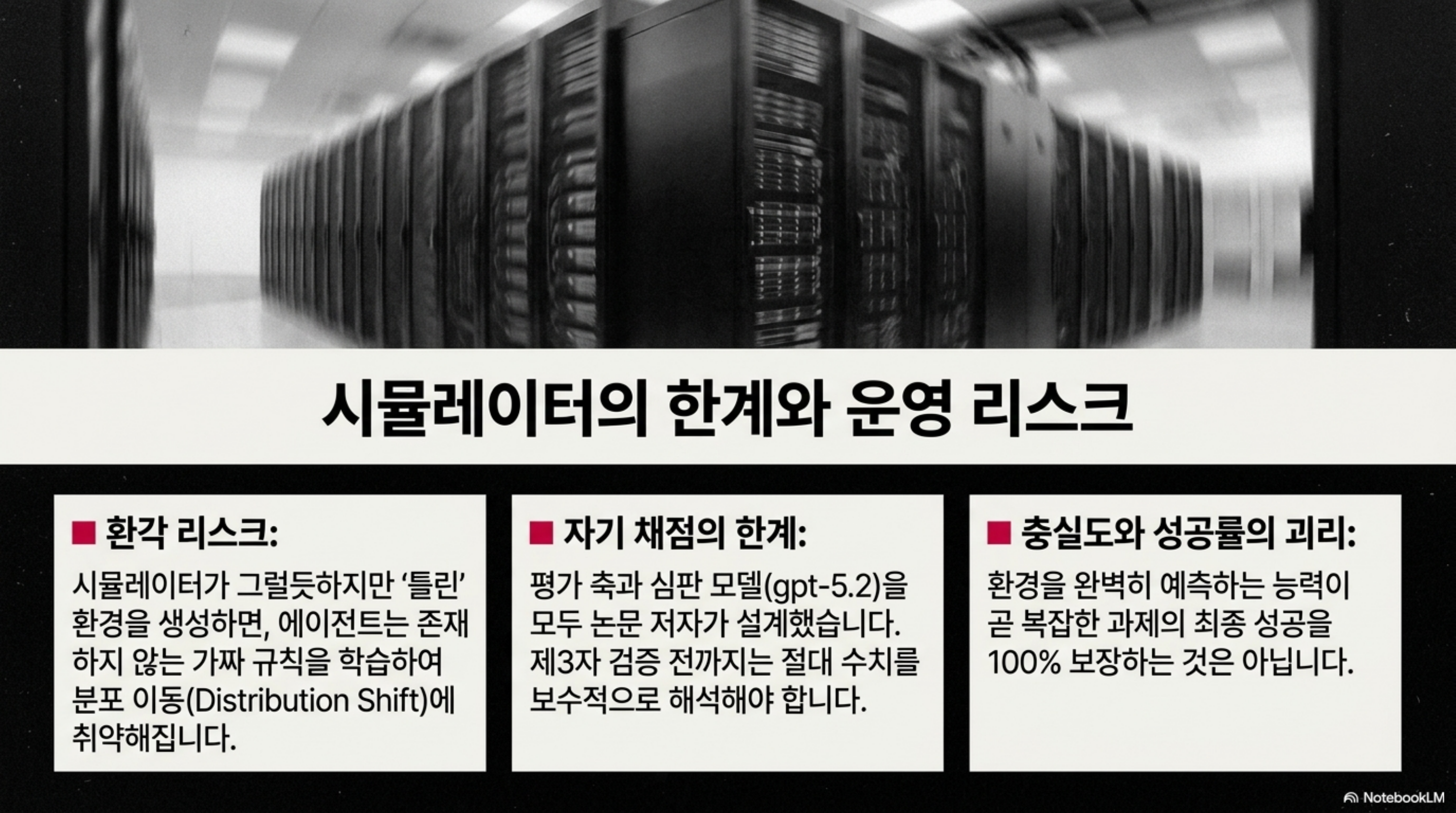 시뮬레이터의 한계와 운영 리스크를 정리한 슬라이드