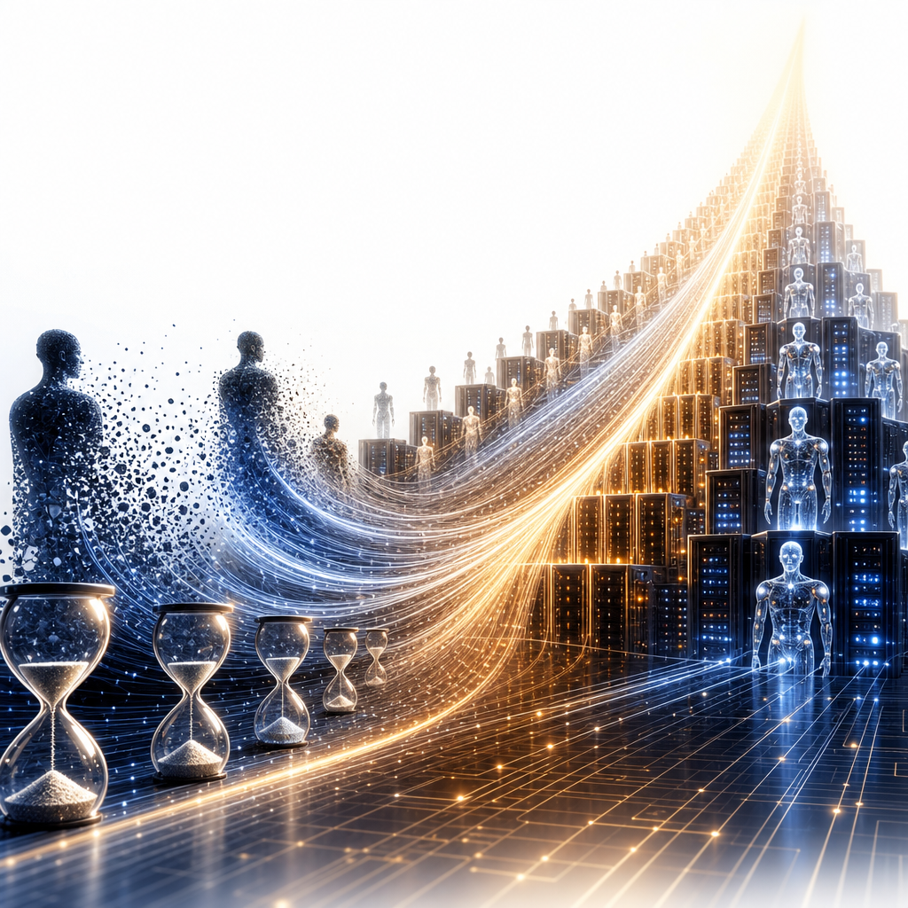 Abstract image of human time dissolving into the light of humanoids and data centers