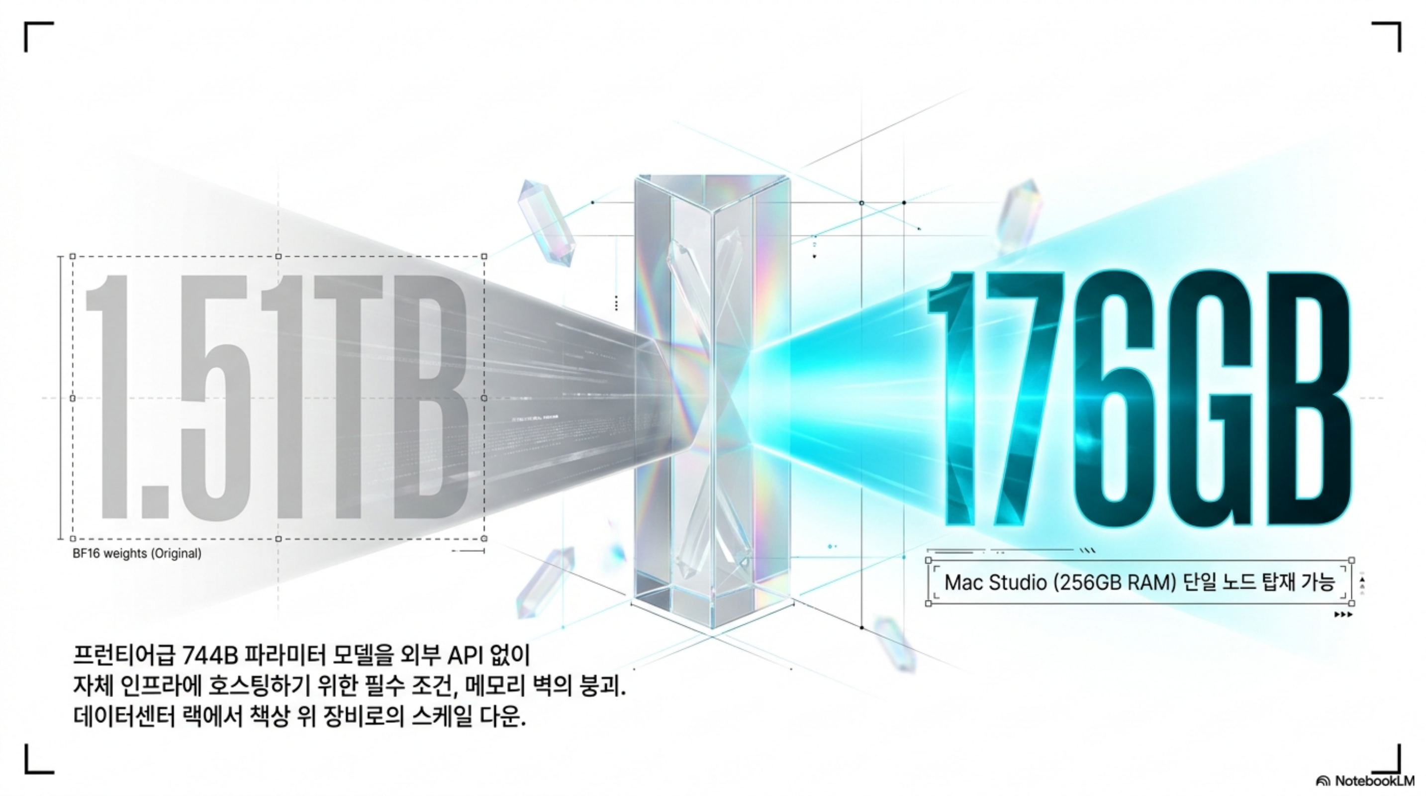 1.51TB 원본을 1비트 Dynamic GGUF 176GB로 압축해 256GB 단일 노드에 올리는 개념도